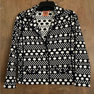 Tory Burch Women's Navy White Geometric Dot Knit Blazer Jacket Cardigan Size S